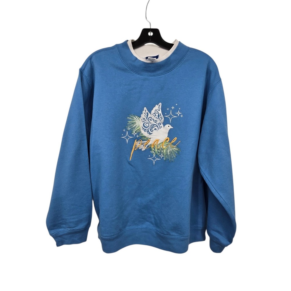 Vintage 90s Y2K Embroidered Peace Dove Sweatshirt Women 2XL Blue Grandma Holiday